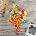 Colorful Lollipop And Candy Print One Shoulder Bodysuit