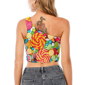 Colorful Lollipop And Candy Print One Shoulder Crop Top