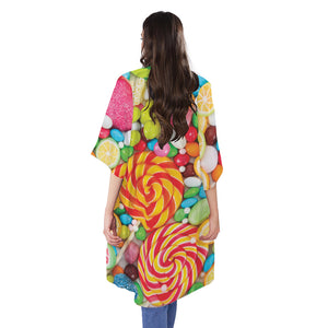 Colorful Lollipop And Candy Print Open Front Beach Cover Up