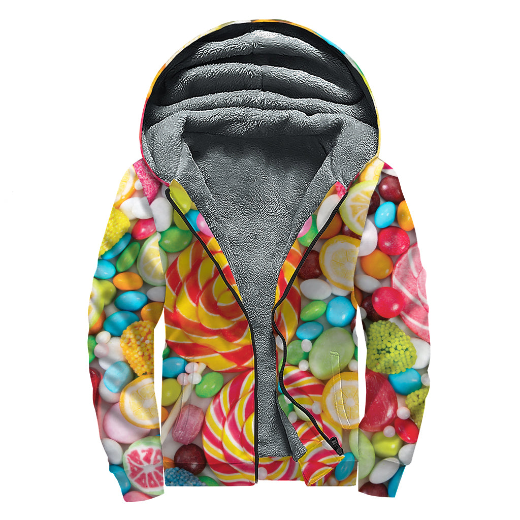 Colorful Lollipop And Candy Print Sherpa Lined Zip Up Hoodie
