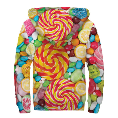 Colorful Lollipop And Candy Print Sherpa Lined Zip Up Hoodie