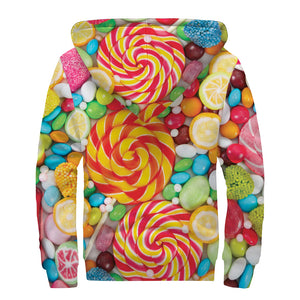 Colorful Lollipop And Candy Print Sherpa Lined Zip Up Hoodie