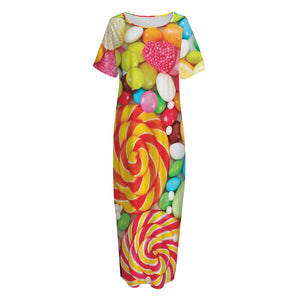 Colorful Lollipop And Candy Print Short Sleeve Long Nightdress