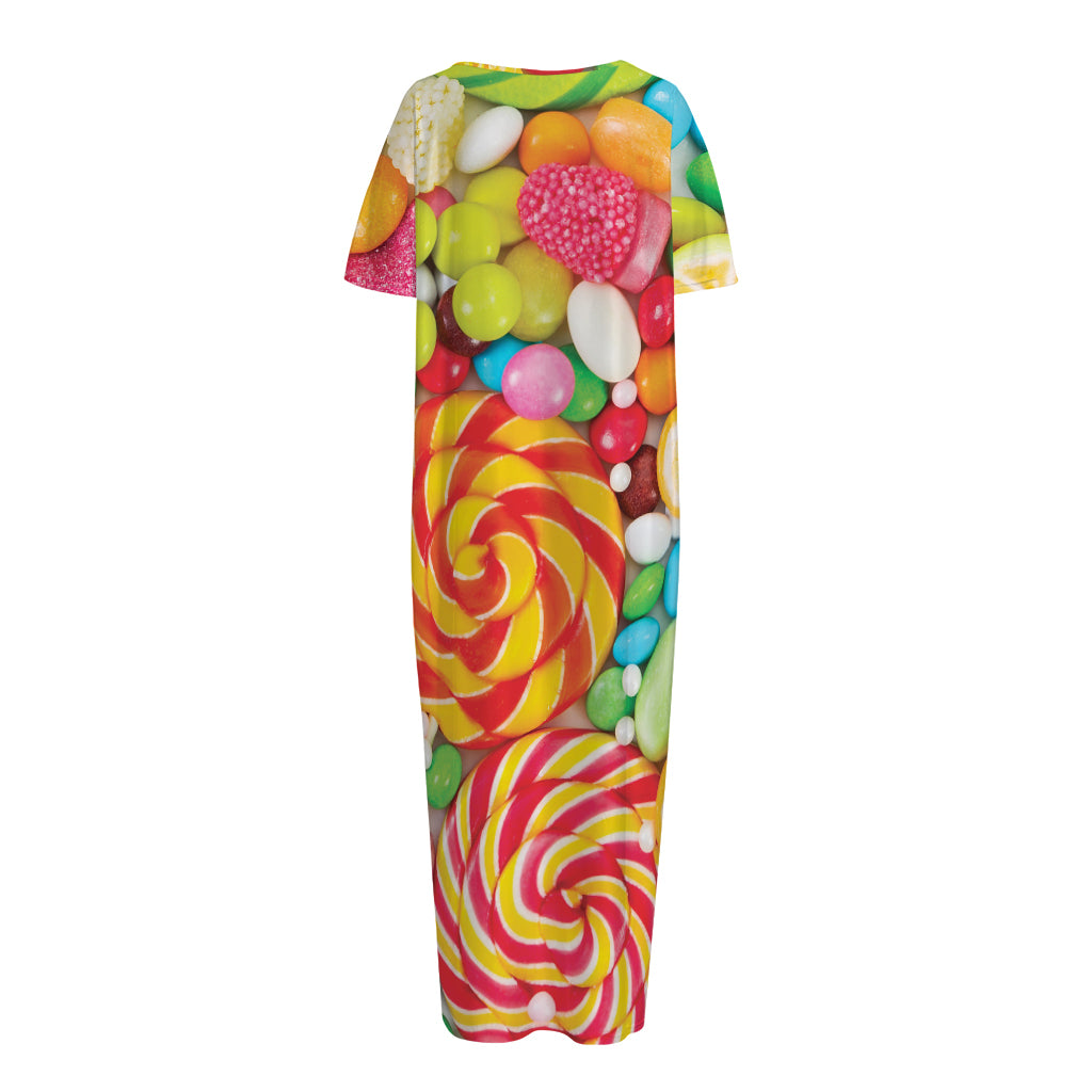 Colorful Lollipop And Candy Print Short Sleeve Long Nightdress