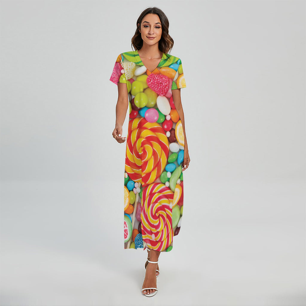 Colorful Lollipop And Candy Print Short Sleeve Maxi Dress