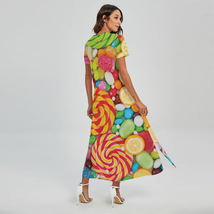 Colorful Lollipop And Candy Print Short Sleeve Maxi Dress