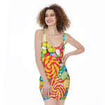 Colorful Lollipop And Candy Print Sleeveless Bodycon Dress