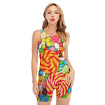 Colorful Lollipop And Candy Print Sleeveless One Piece Swimsuit