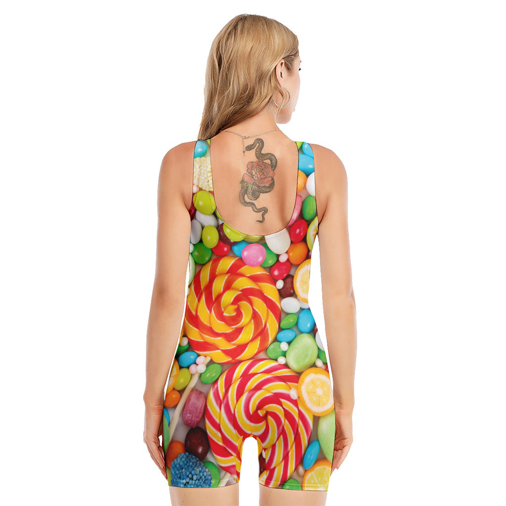 Colorful Lollipop And Candy Print Sleeveless One Piece Swimsuit