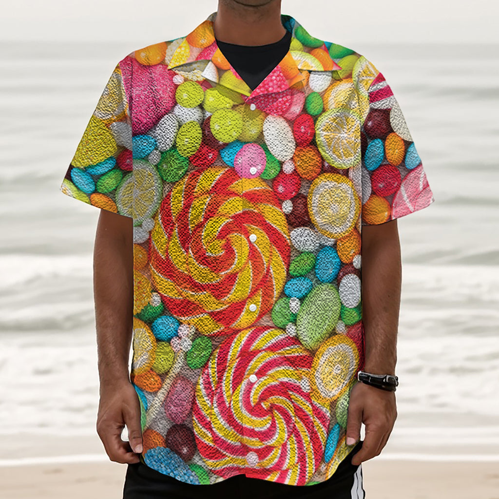 Colorful Lollipop And Candy Print Textured Short Sleeve Shirt