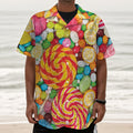 Colorful Lollipop And Candy Print Textured Short Sleeve Shirt