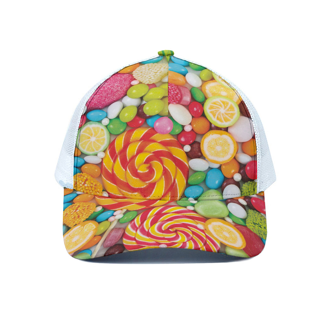 Colorful Lollipop And Candy Print White Mesh Trucker Cap