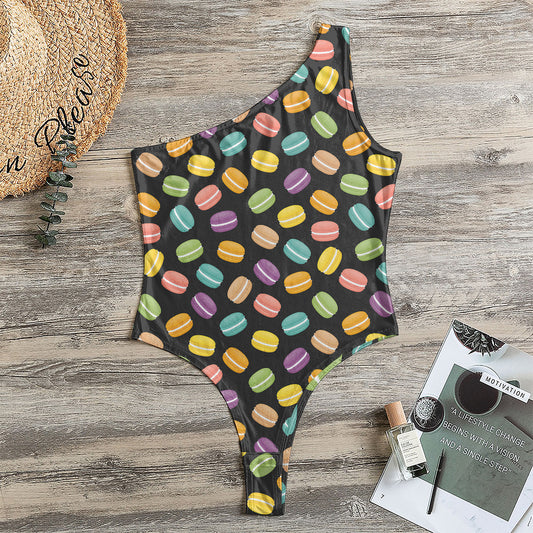 Colorful Macaron Pattern Print One Shoulder Bodysuit