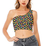 Colorful Macaron Pattern Print One Shoulder Crop Top