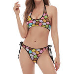 Colorful Macarons Pattern Print Halter Scoop Tie Side Bikini