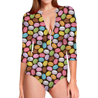 Colorful Macarons Pattern Print Long Sleeve Swimsuit