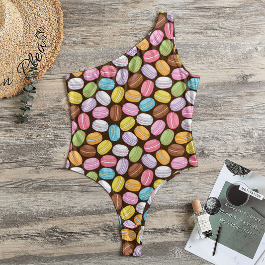 Colorful Macarons Pattern Print One Shoulder Bodysuit