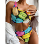 Colorful Macarons Print One Shoulder Bikini Top