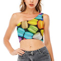 Colorful Macarons Print One Shoulder Crop Top