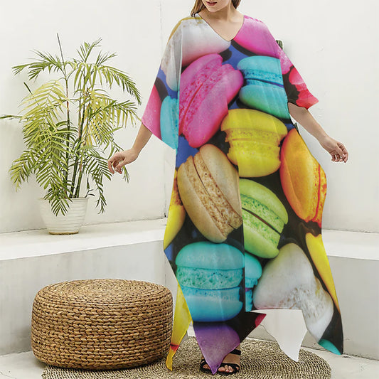 Colorful Macarons Print Silk V-Neck Kaftan Dress