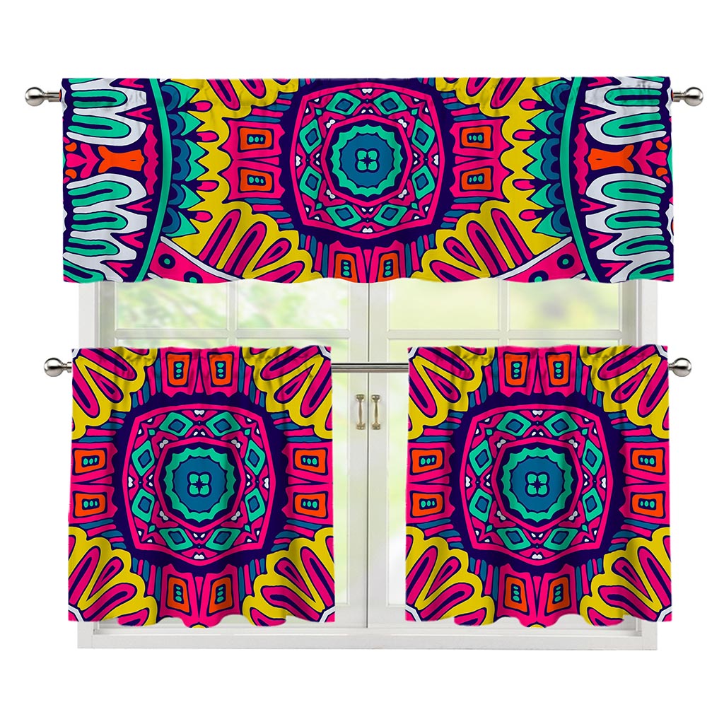 Colorful Mandala Bohemian Pattern Print 3 Piece Kitchen Curtains