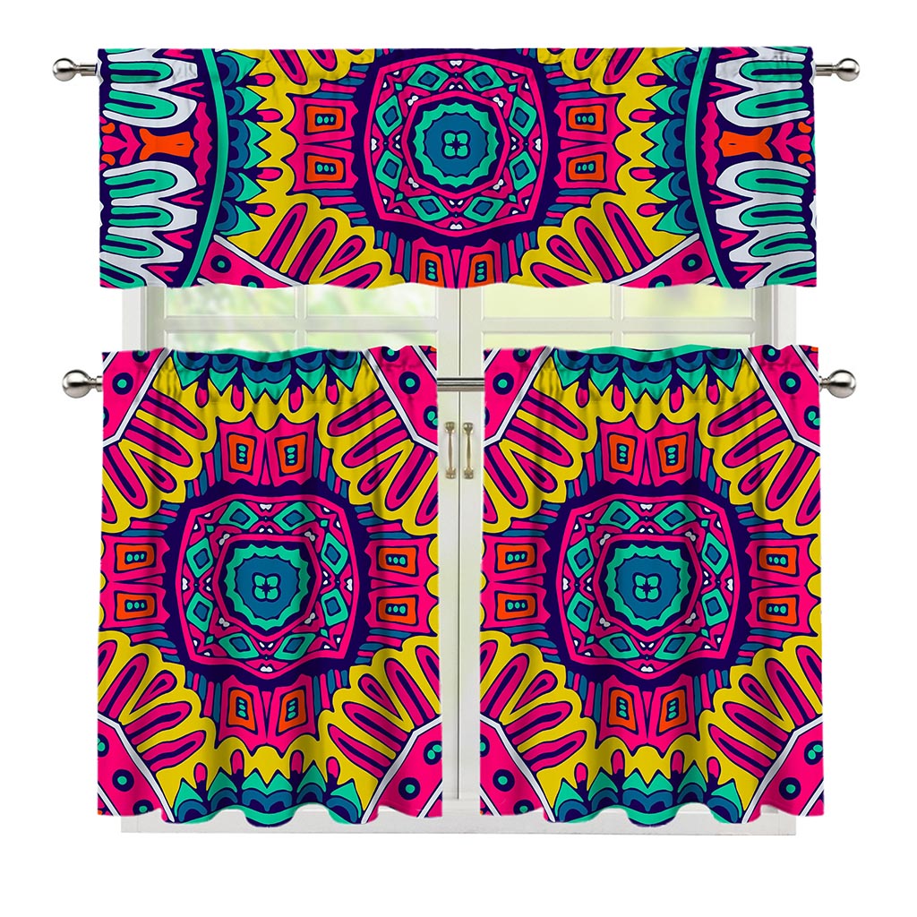 Colorful Mandala Bohemian Pattern Print 3 Piece Kitchen Curtains