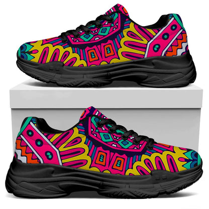 Colorful Mandala Bohemian Pattern Print Black Chunky Shoes