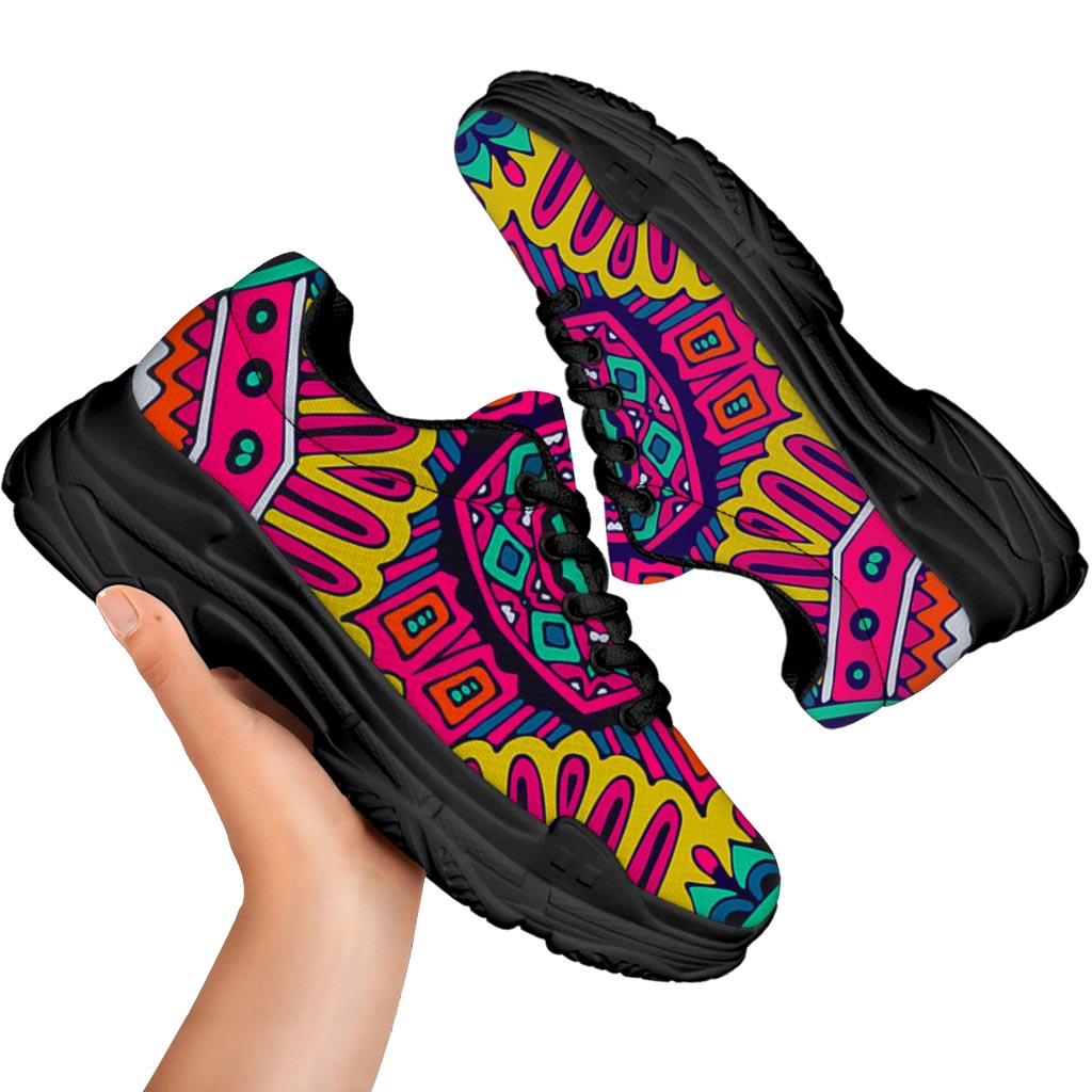 Colorful Mandala Bohemian Pattern Print Black Chunky Shoes