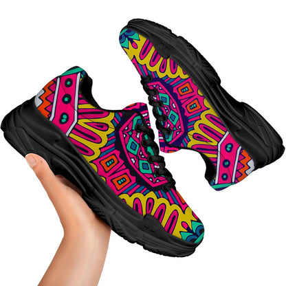 Colorful Mandala Bohemian Pattern Print Black Chunky Shoes