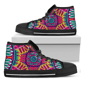 Colorful Mandala Bohemian Pattern Print Black High Top Sneakers