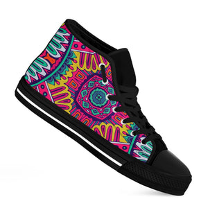 Colorful Mandala Bohemian Pattern Print Black High Top Sneakers