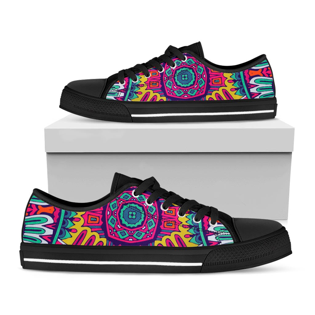 Colorful Mandala Bohemian Pattern Print Black Low Top Sneakers