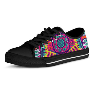 Colorful Mandala Bohemian Pattern Print Black Low Top Sneakers