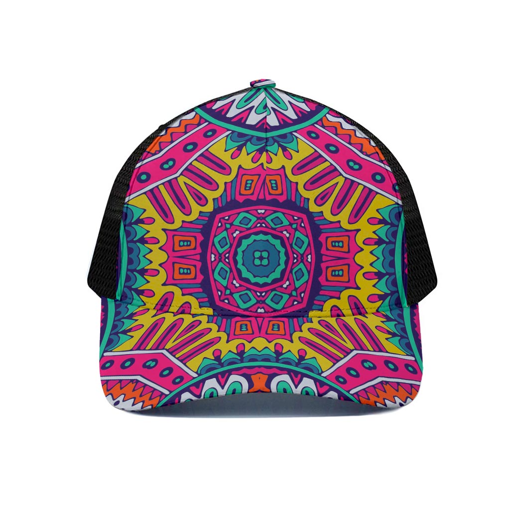 Colorful Mandala Bohemian Pattern Print Black Mesh Trucker Cap