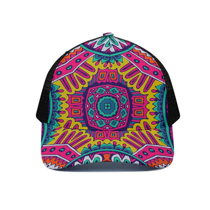 Colorful Mandala Bohemian Pattern Print Black Mesh Trucker Cap