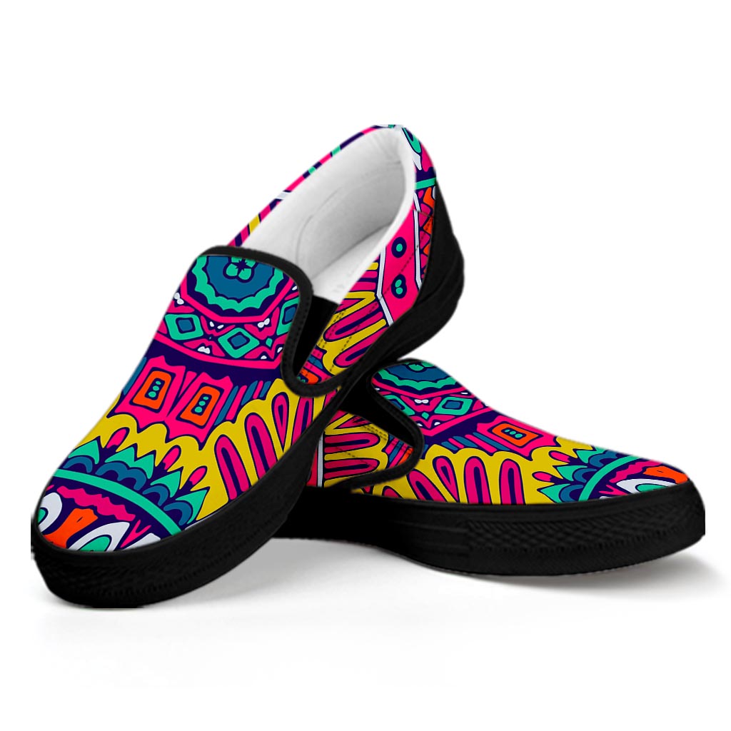 Colorful Mandala Bohemian Pattern Print Black Slip On Sneakers