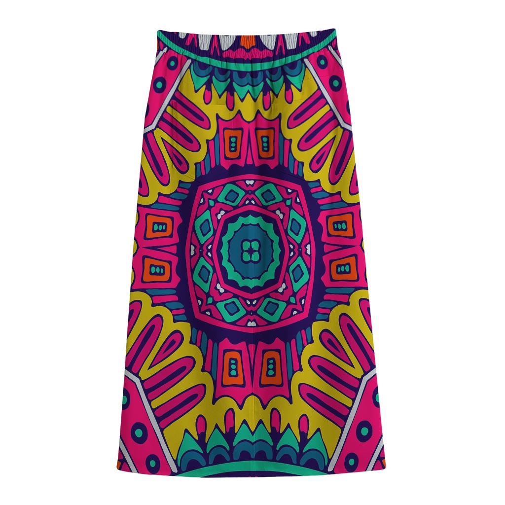 Colorful Mandala Bohemian Pattern Print Cotton Front Slit Maxi Skirt