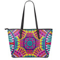 Colorful Mandala Bohemian Pattern Print Leather Tote Bag With Zipper