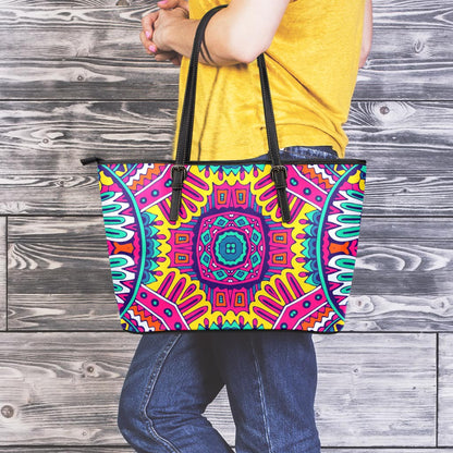 Colorful Mandala Bohemian Pattern Print Leather Tote Bag