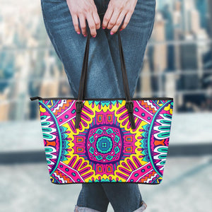 Colorful Mandala Bohemian Pattern Print Leather Tote Bag