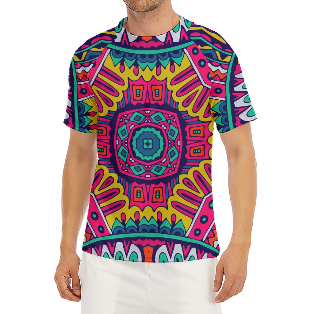 Colorful Mandala Bohemian Pattern Print Men's Short Sleeve Rash Guard