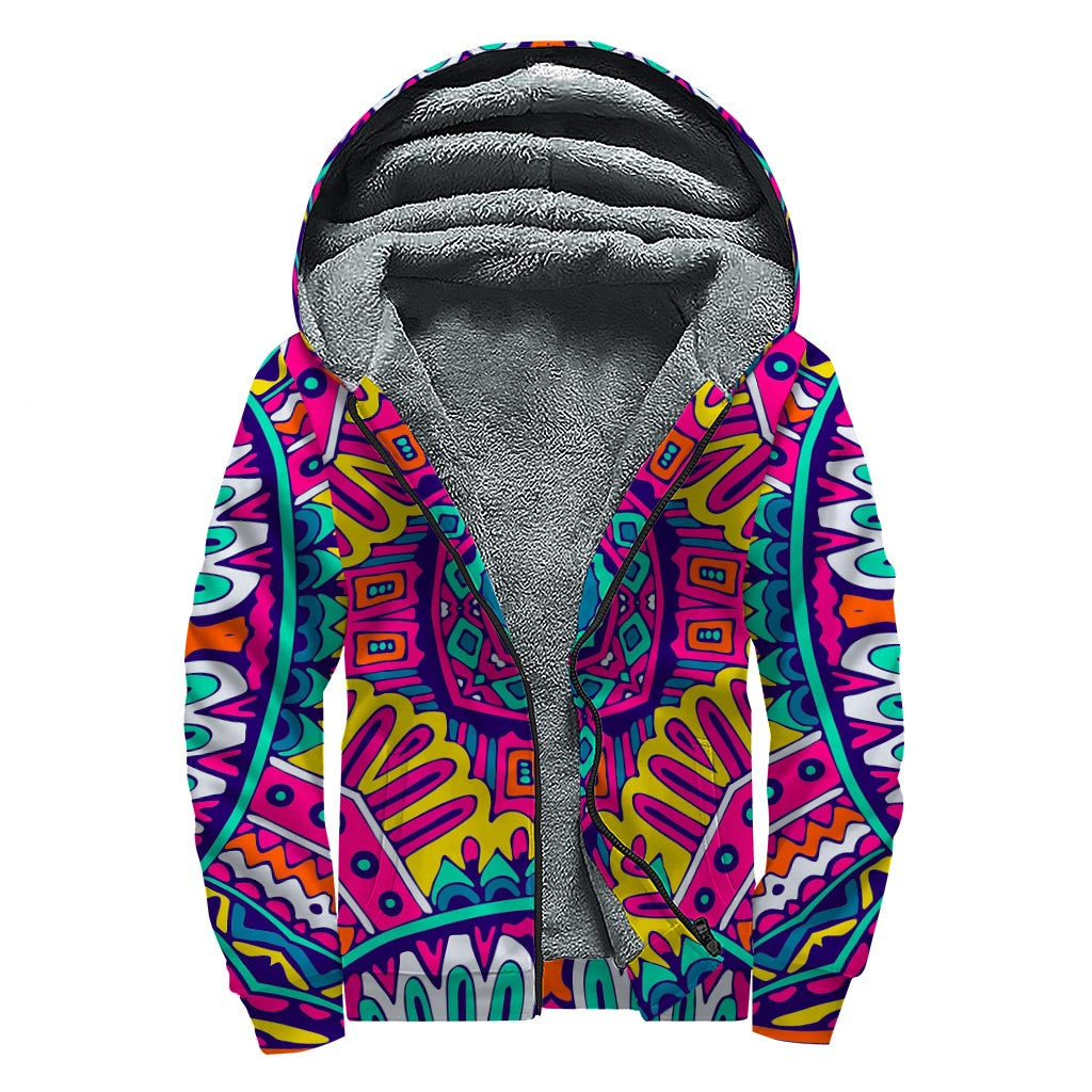 Colorful Mandala Bohemian Pattern Print Sherpa Lined Zip Up Hoodie