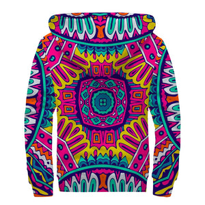 Colorful Mandala Bohemian Pattern Print Sherpa Lined Zip Up Hoodie