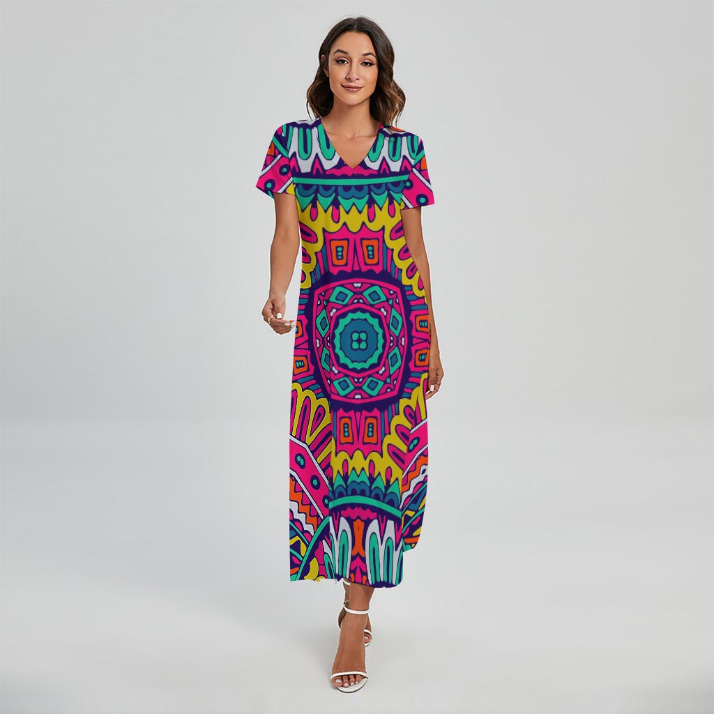 Colorful Mandala Bohemian Pattern Print Short Sleeve Maxi Dress