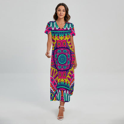 Colorful Mandala Bohemian Pattern Print Short Sleeve Maxi Dress