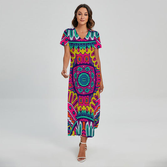 Colorful Mandala Bohemian Pattern Print Short Sleeve Maxi Dress