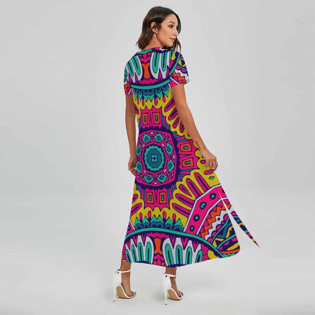 Colorful Mandala Bohemian Pattern Print Short Sleeve Maxi Dress