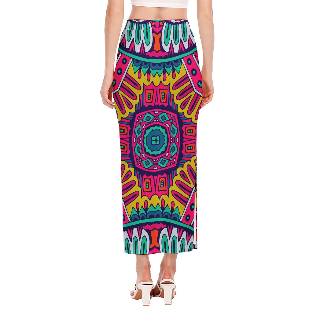 Colorful Mandala Bohemian Pattern Print Side Slit Maxi Skirt