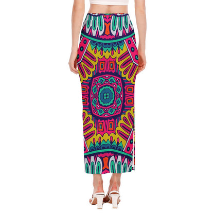 Colorful Mandala Bohemian Pattern Print Side Slit Maxi Skirt