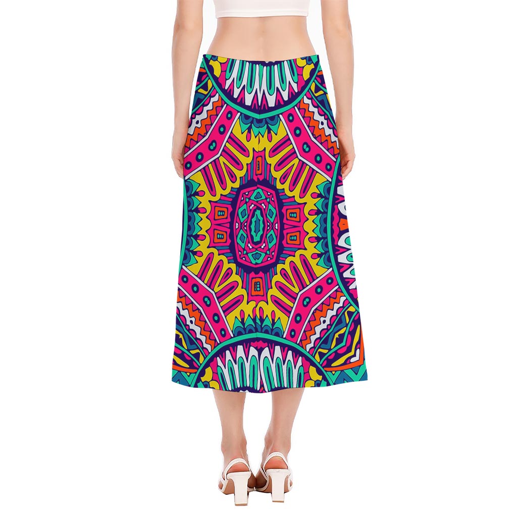Colorful Mandala Bohemian Pattern Print Side Slit Midi Skirt